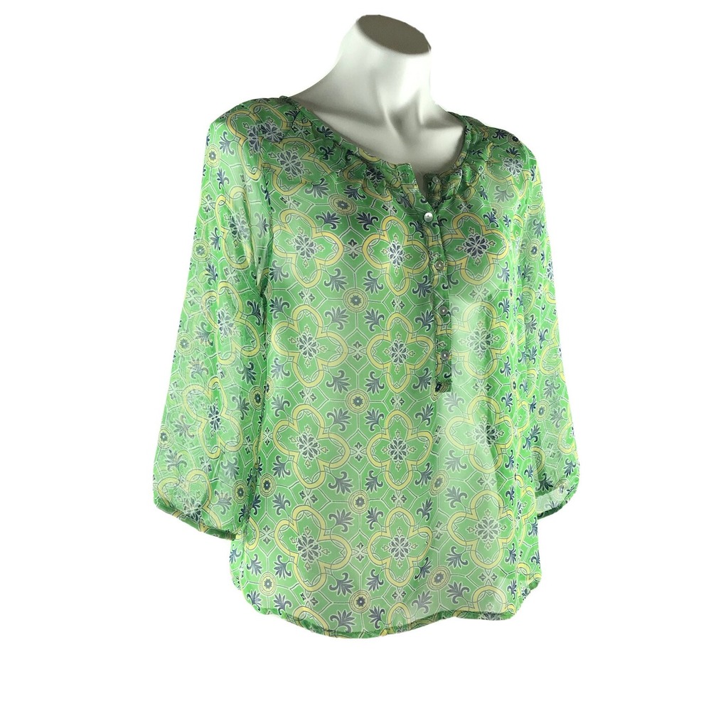 Joe Fresh Green‎ Yellow Geometric Tile Print Sheer 3/4 Sleeve Blouse Womens M
